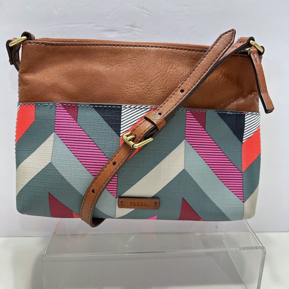 Fossil Fiona Small Crossbody Bag Brown Faux Leather Geometric Chevron Print